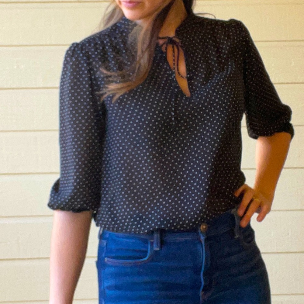 Chaps Black & White Polka Dot Blouse | Sz Medium Petite